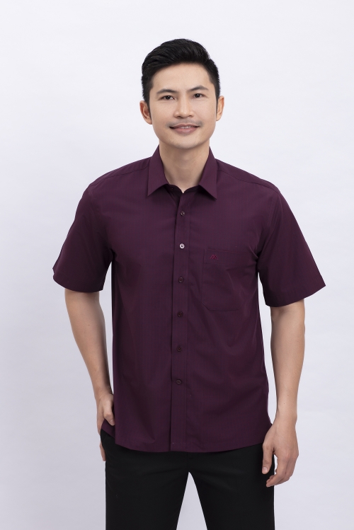 Áo sơ mi nam ngắn tay Casual- Vạt ngang màu đỏ rượu caro nhỏ