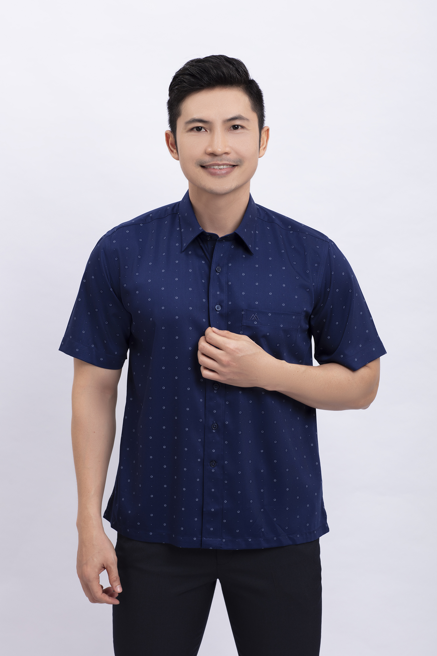 Áo sơ mi nam ngắn tay Casual xanh dương in họa tiết - HẾT HÀNG