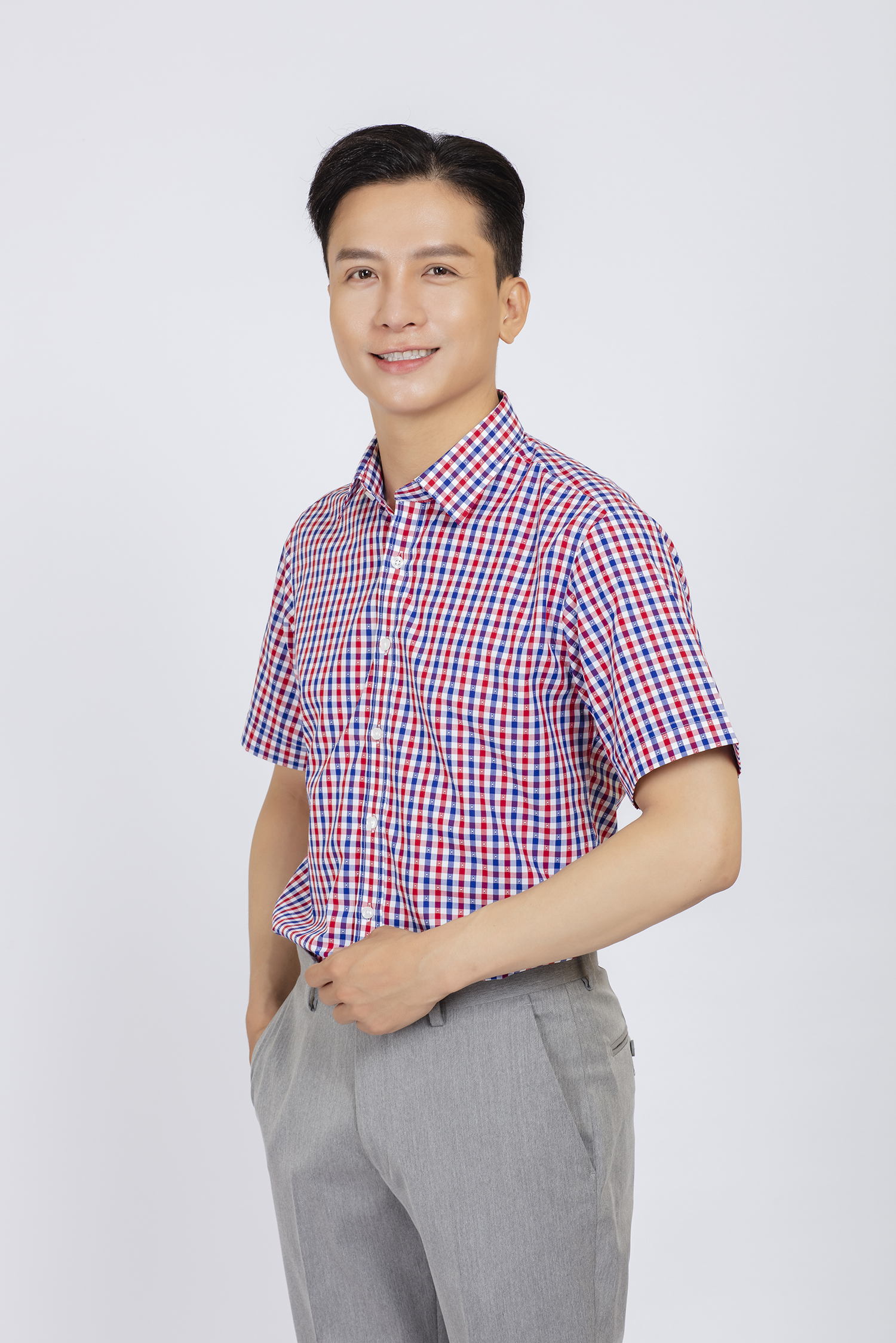 Sơ mi nam ngắn tay - Slimfit, caro đỏ-xanh