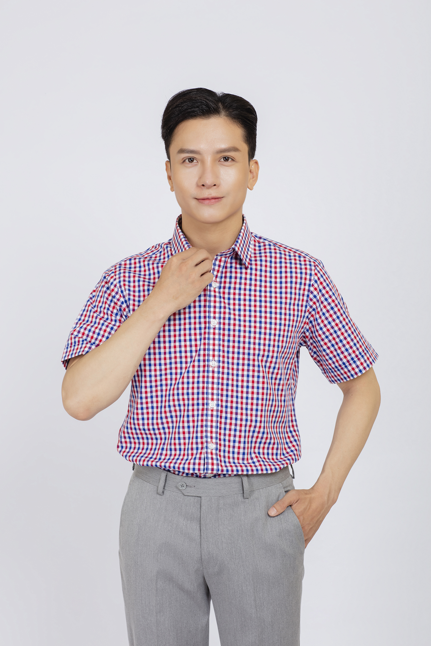 Sơ mi nam ngắn tay - Slimfit, caro đỏ-xanh