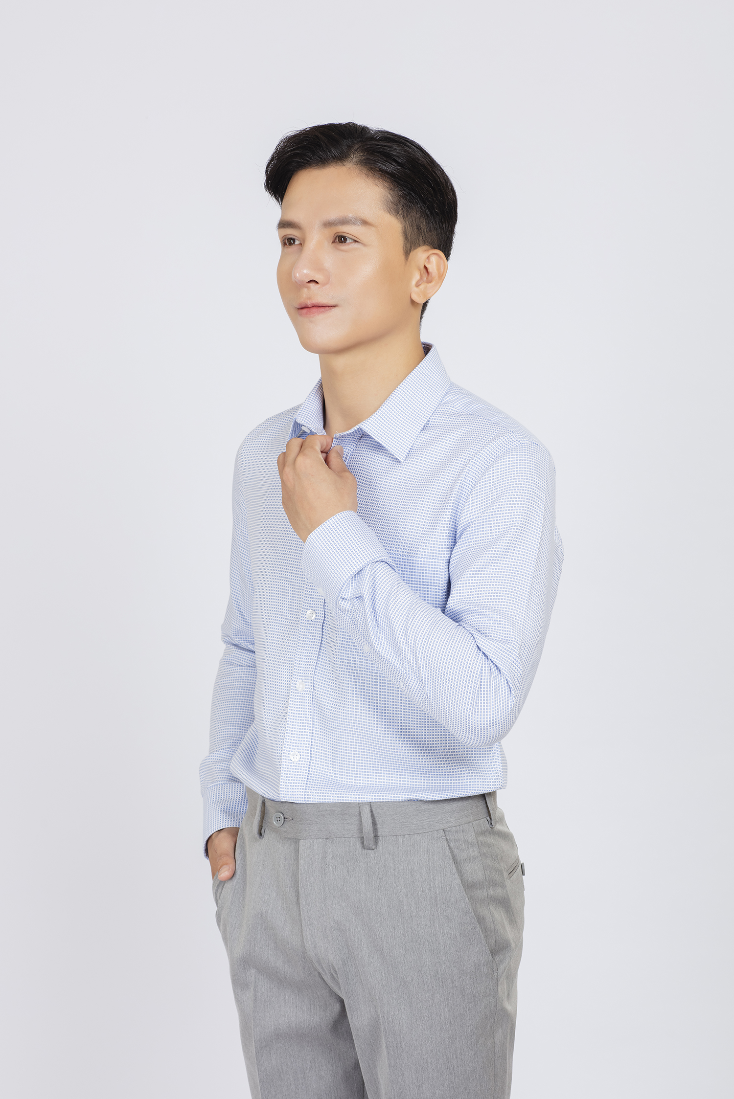 Sơ mi nam DT - Slimfit - màu xanh caro nhỏ - HẾT HÀNG