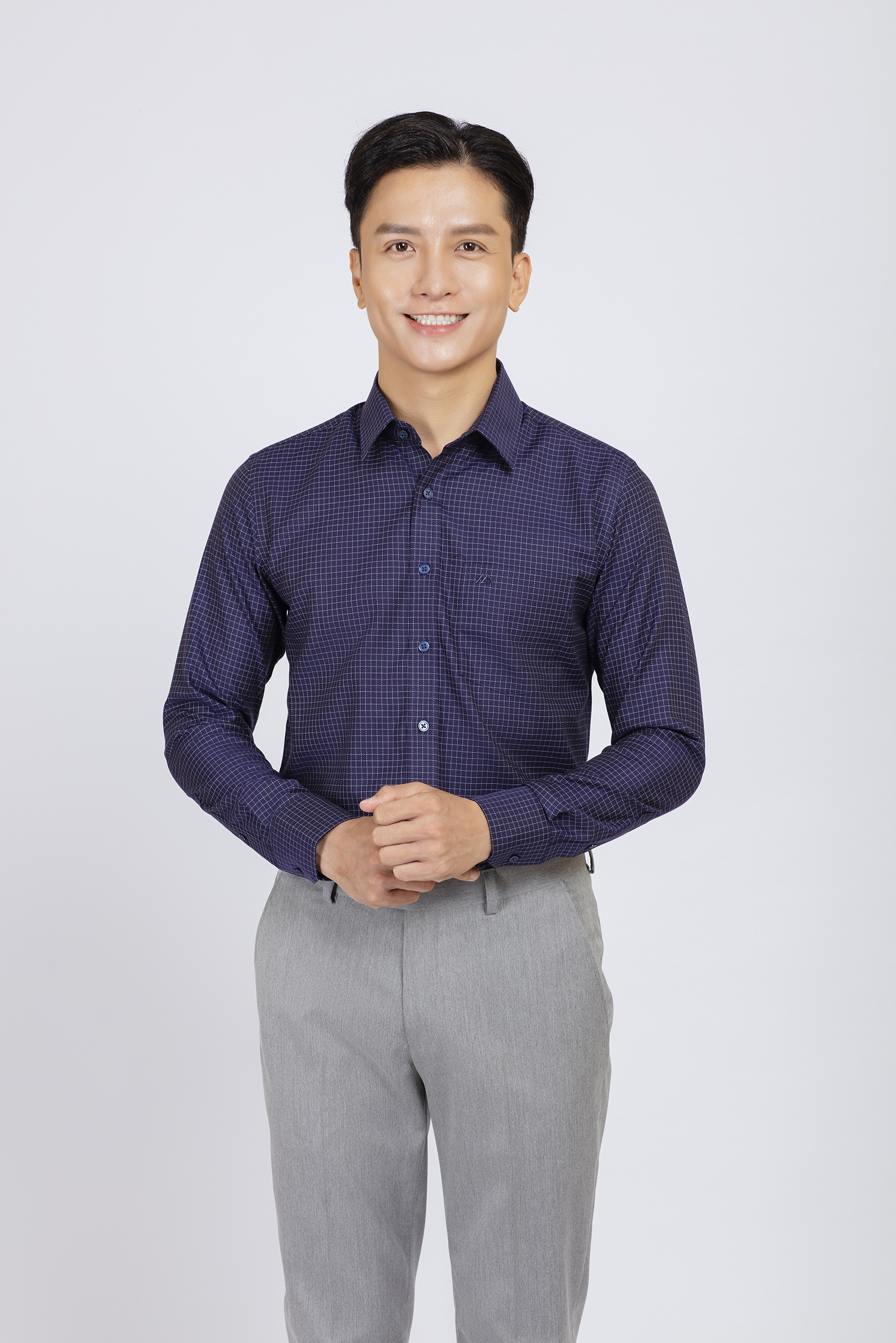 Sơ mi nam dài tay - Regular xám đậm họa tiết caro nhỏ - HẾT HÀNG