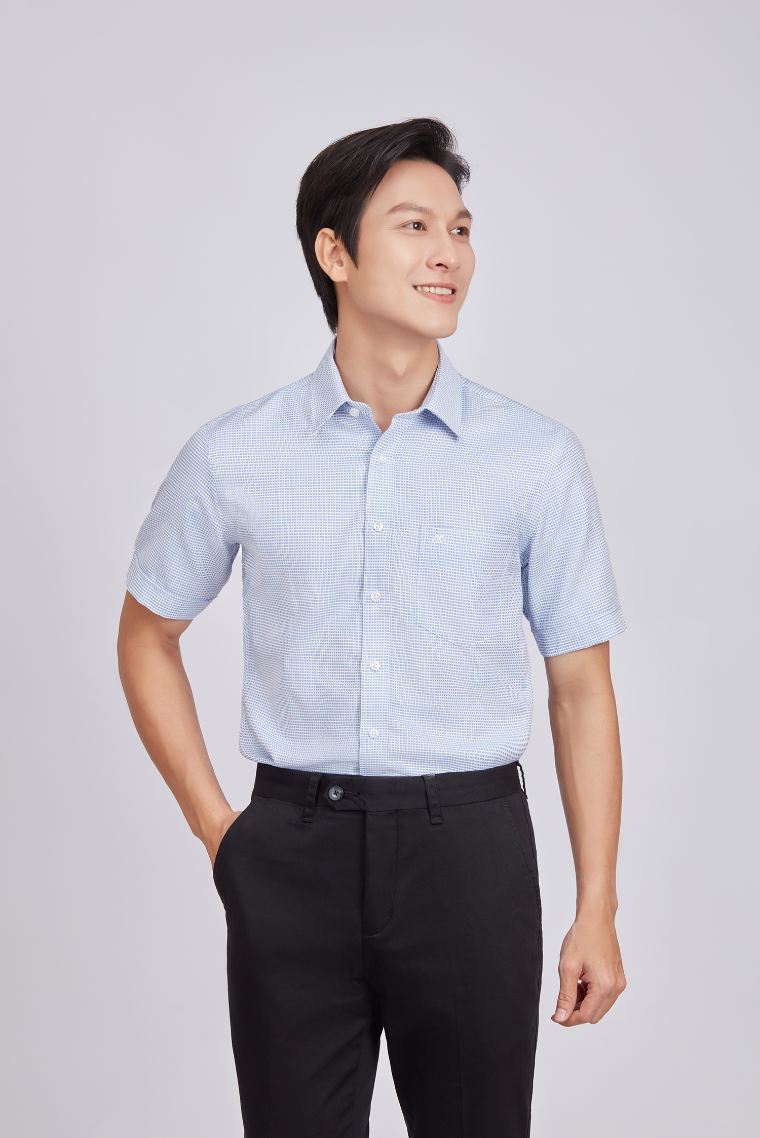 Sơ mi nam ngắn tay - Slimfit - xanh biển caro nhỏ