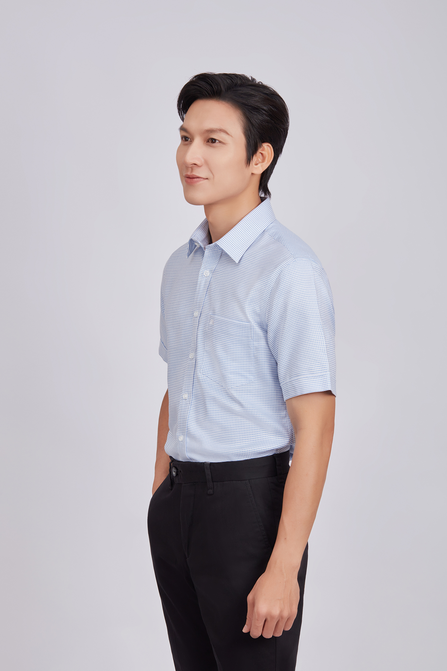 Sơ mi nam ngắn tay - Slimfit - xanh biển caro nhỏ