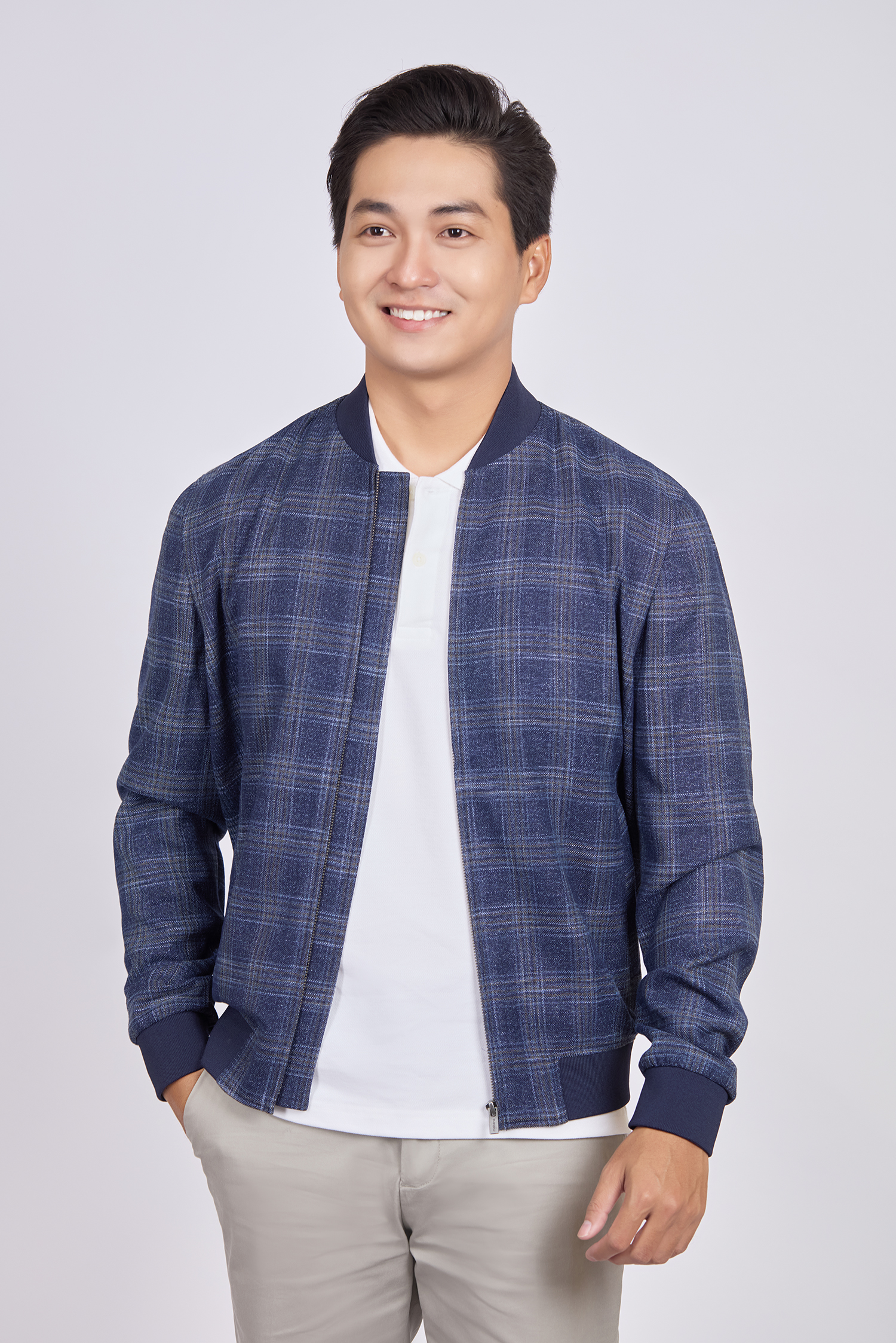 Áo khoác bomber caro xám xanh