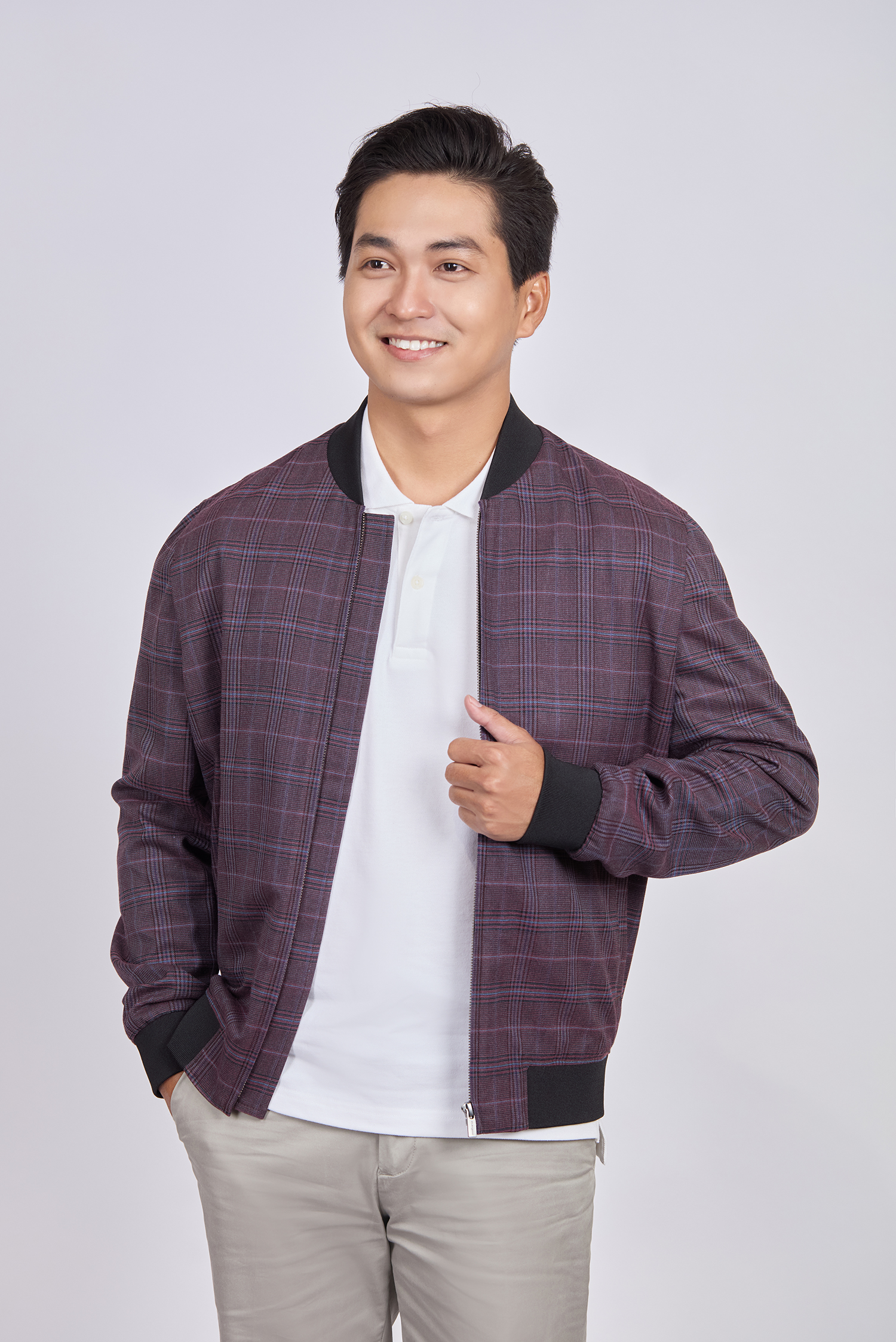 Áo khoác bomber caro đỏ đô