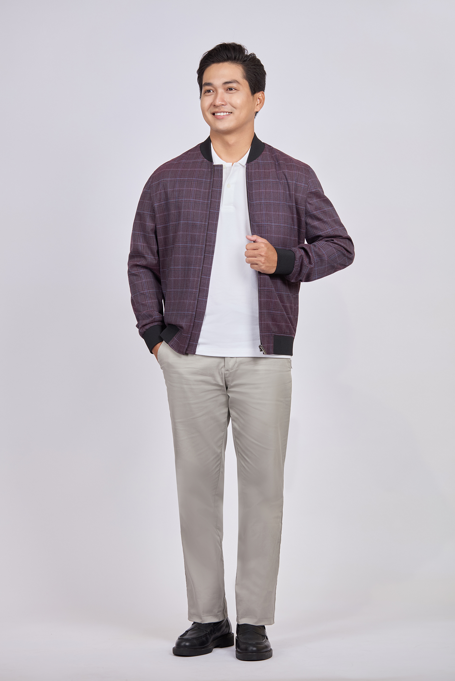 Áo khoác bomber caro đỏ đô