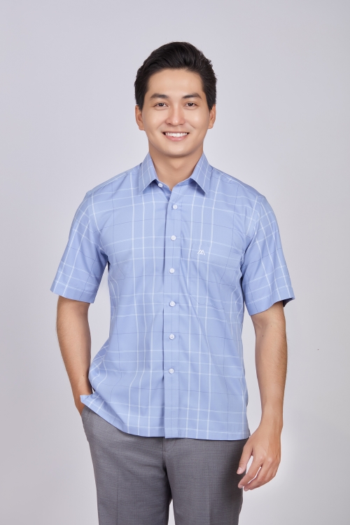 Sơ mi nam Ngắn tay - Casual, vạt ngang- caro xanh biển